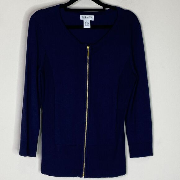 Carmen Marc Valvo Navy Blue Zip Up 3/4 Sleeve Sweater Top Women's Size Small - Picture 1 of 8